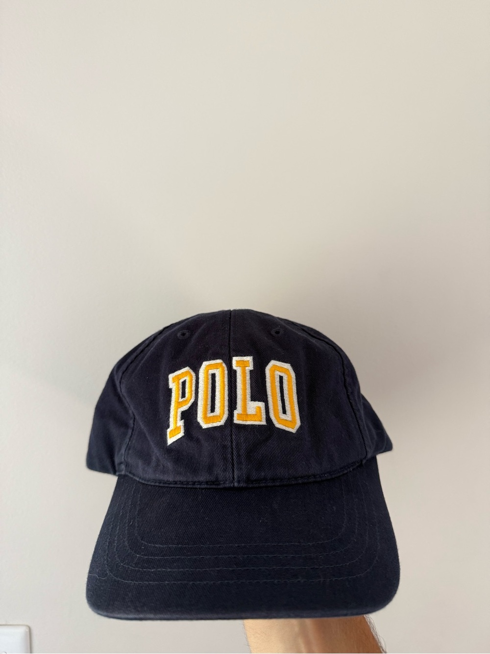 Vintage Polo Ralph Lauren Sport Script Spell- Out Navy Yellow Strap Back Cap Hat